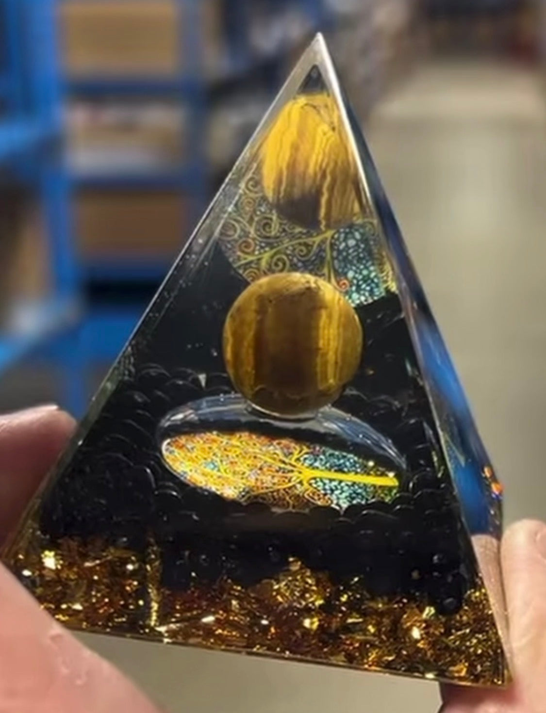 Moon Orgonite Pyramid with a Tiger Eye Orb crystal Sophie's Attic
