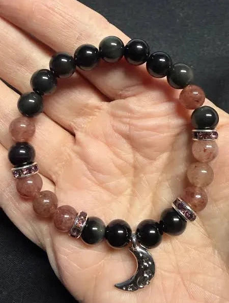 Rainbow Obsidian & Strawberry Quartz 8mm Bracelet - Moon Charm bracelet Sophie's Attic