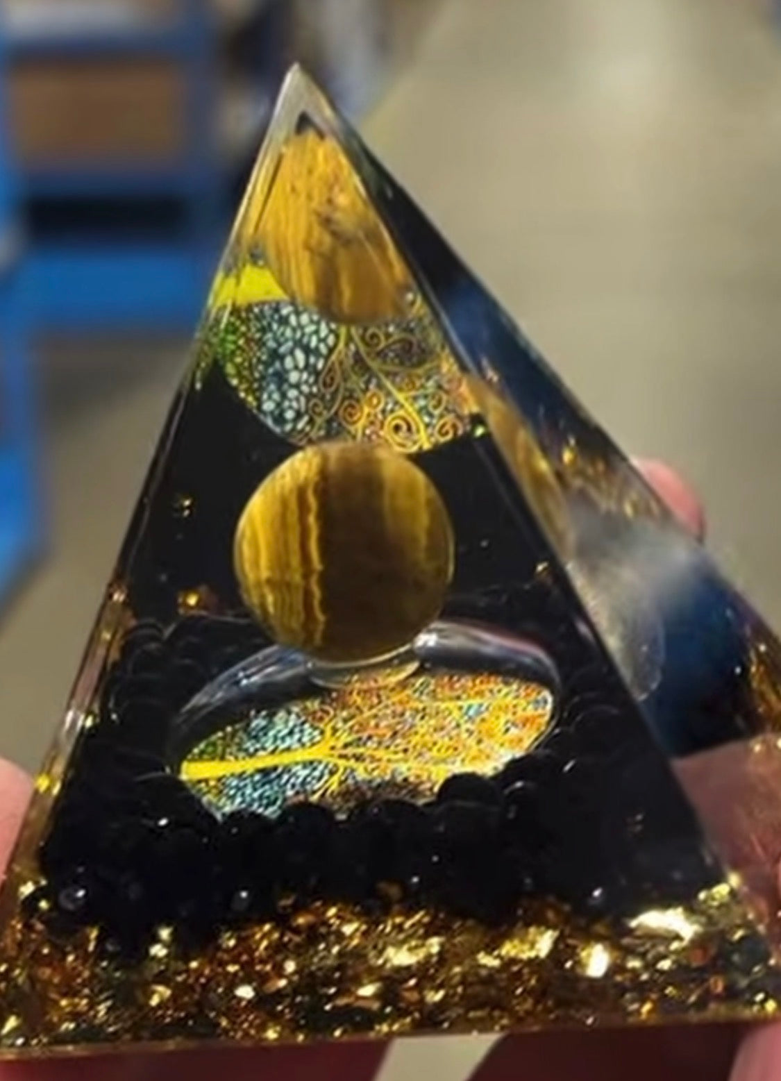 Moon Orgonite Pyramid with a Tiger Eye Orb crystal Sophie's Attic