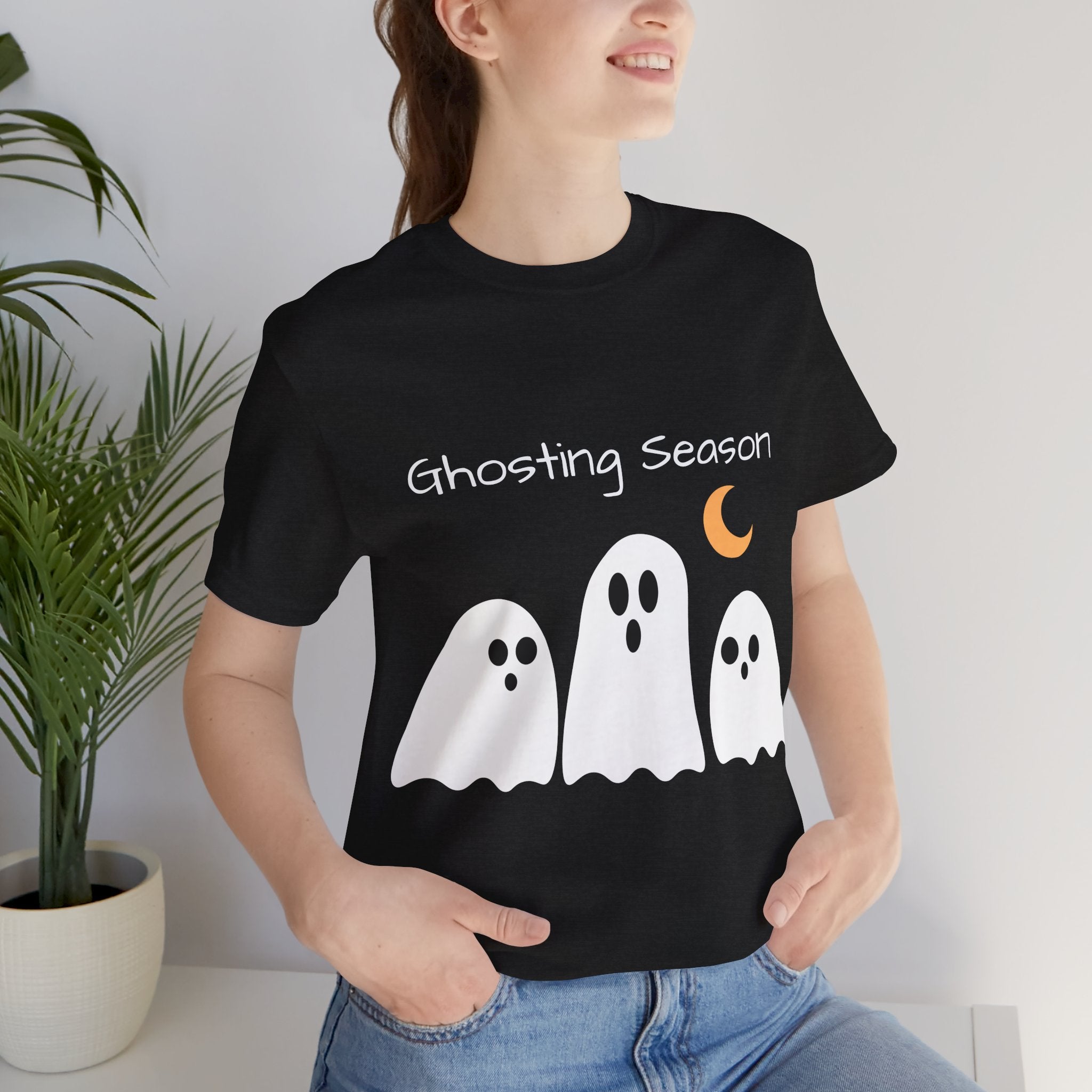Ghosting Season Halloween Funny Tee Solid Black Blend T-Shirt by Printify