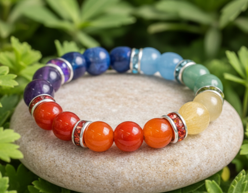 7 Chakra Gemstone Bracelet 8mm with Rhinestone Spacers - Balancing bracelet Sophie's Attic