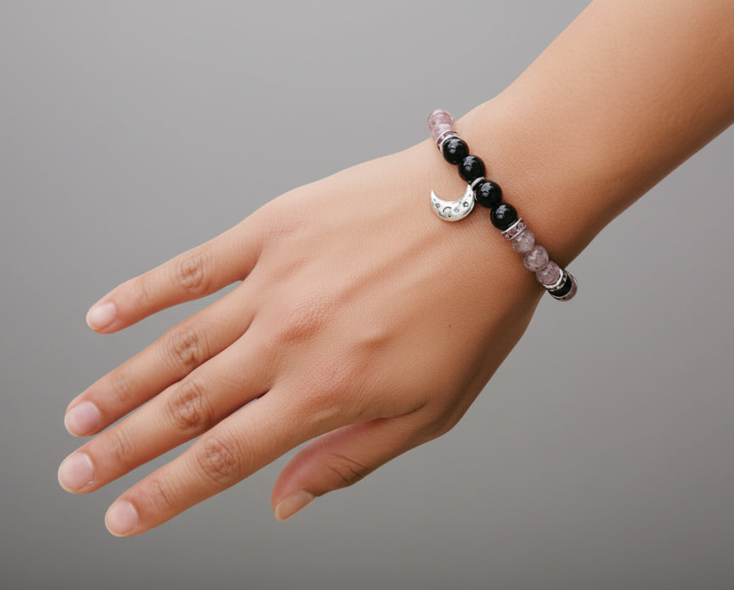 Rainbow Obsidian & Strawberry Quartz 8mm Bracelet - Moon Charm bracelet Sophie's Attic