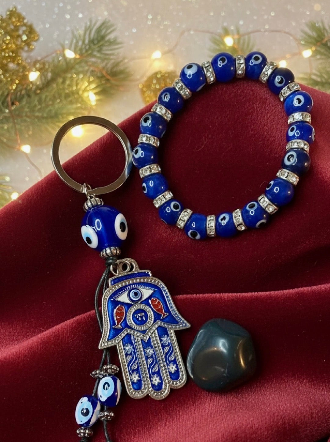 Evil Eye Set with 8mm Bracelet, Keychain and Black Aventurine Tumbled Stone jewelry Sophie's Attic