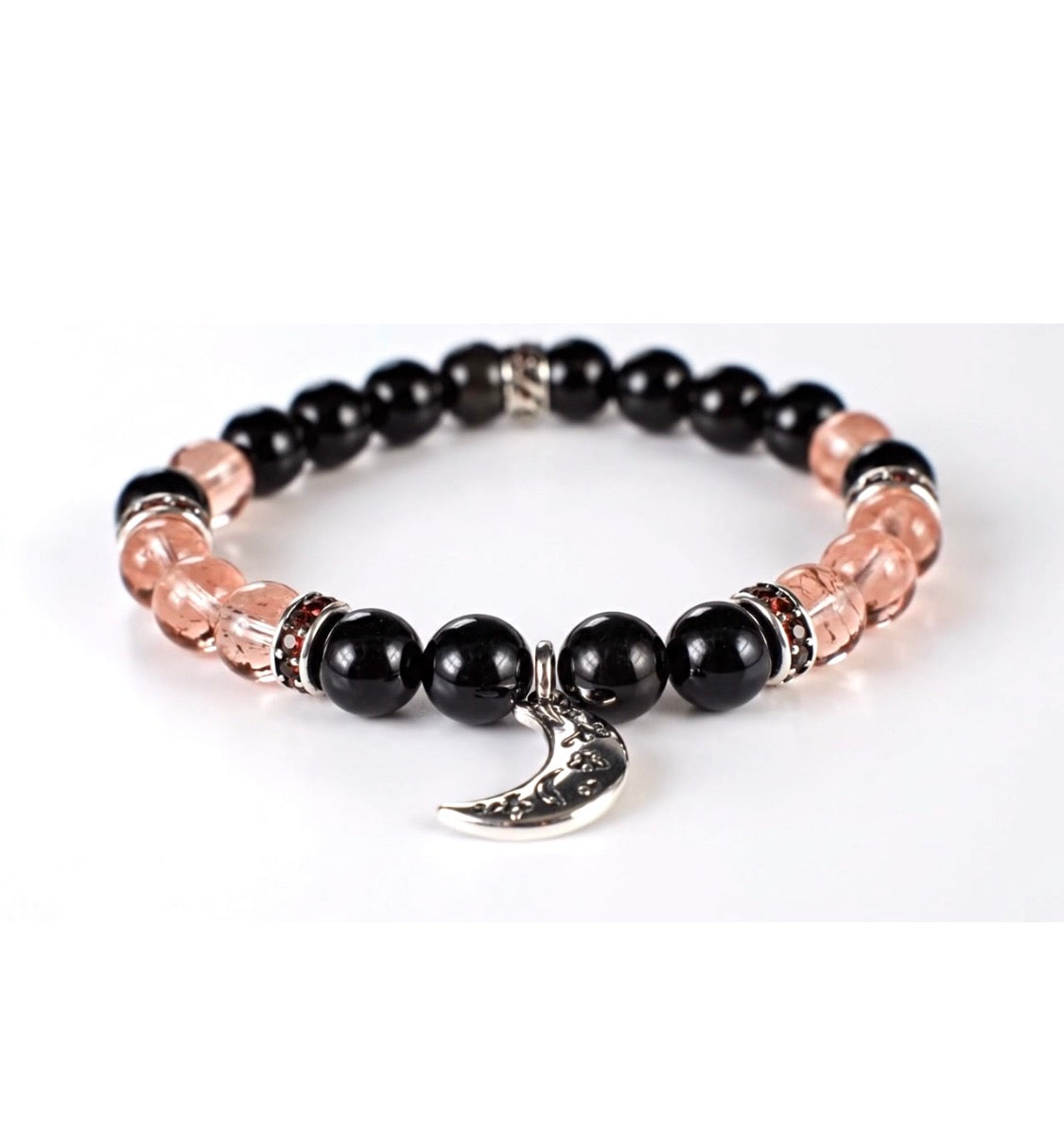 Rainbow Obsidian & Strawberry Quartz 8mm Bracelet - Moon Charm bracelet Sophie's Attic