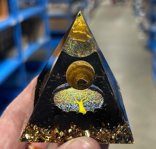 Moon Orgonite Pyramid with a Tiger Eye Orb crystal Sophie's Attic