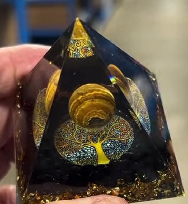Moon Orgonite Pyramid with a Tiger Eye Orb crystal Sophie's Attic