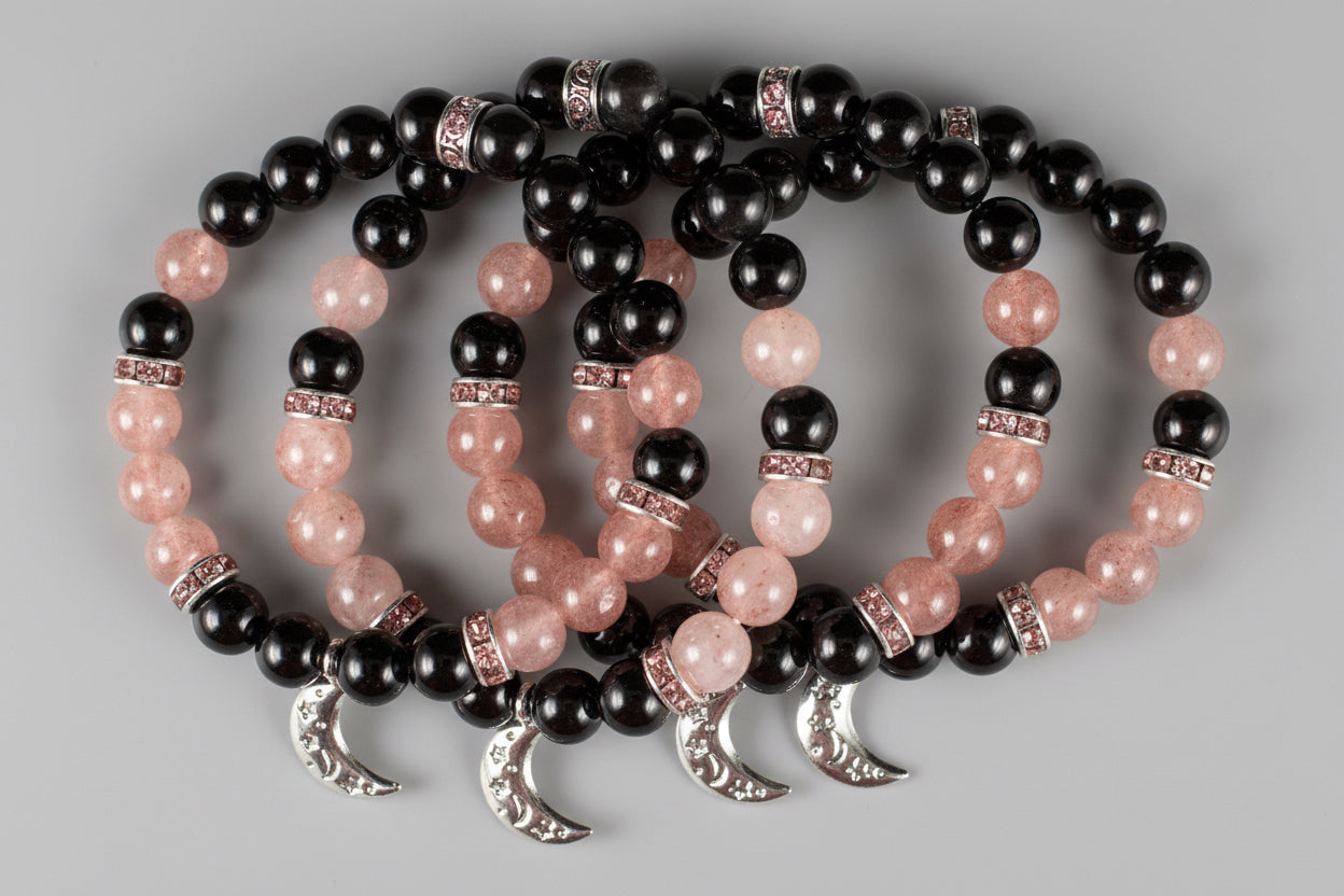 Rainbow Obsidian & Strawberry Quartz 8mm Bracelet - Moon Charm bracelet Sophie's Attic
