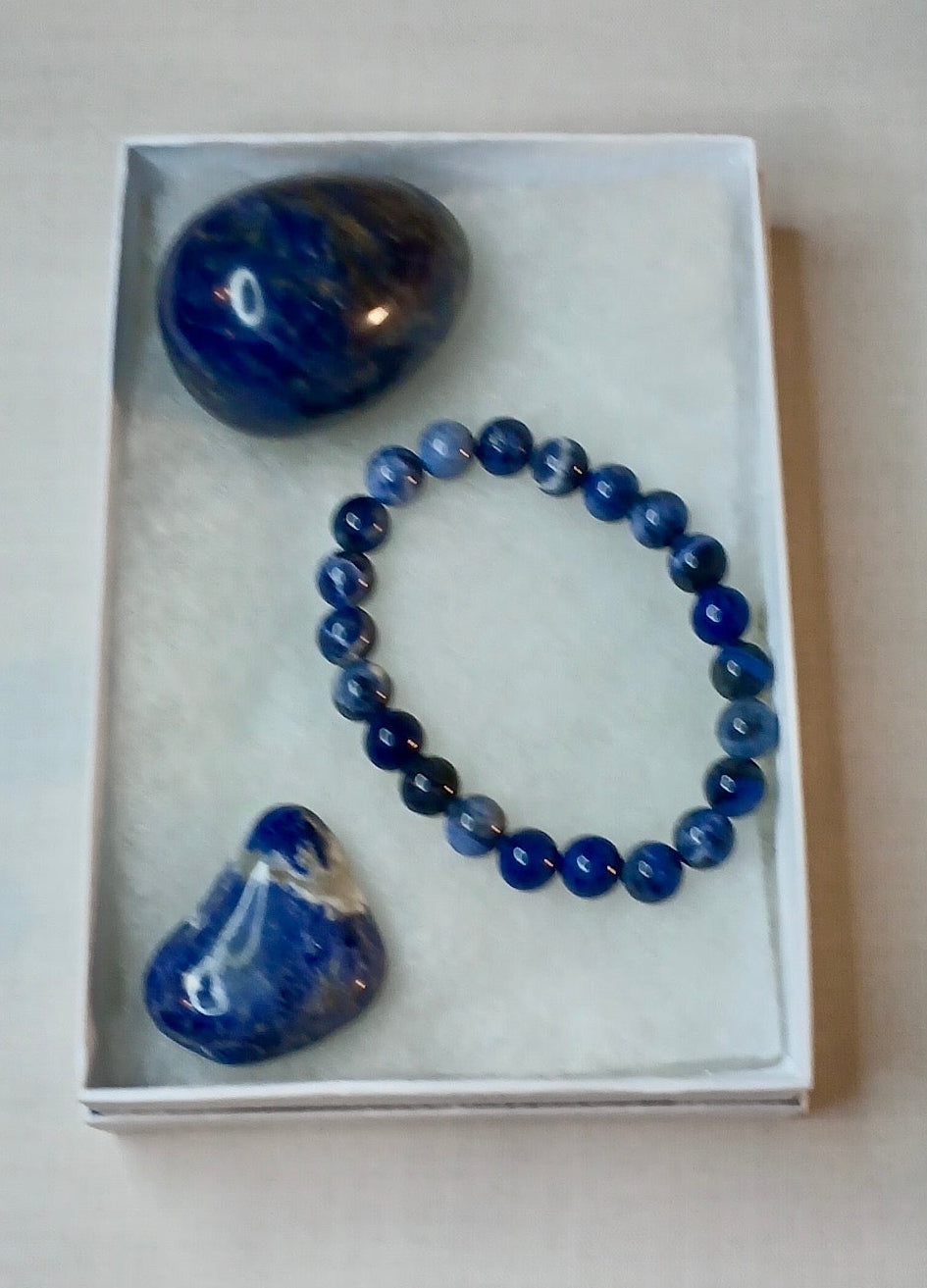 Sodalite Gift Set with Beaded Bracelet, 2” Egg and Tumbled Stone jewelry Sophie's Attic