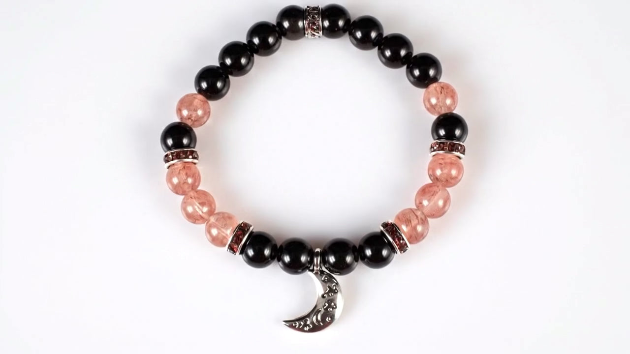 Rainbow Obsidian & Strawberry Quartz 8mm Bracelet - Moon Charm